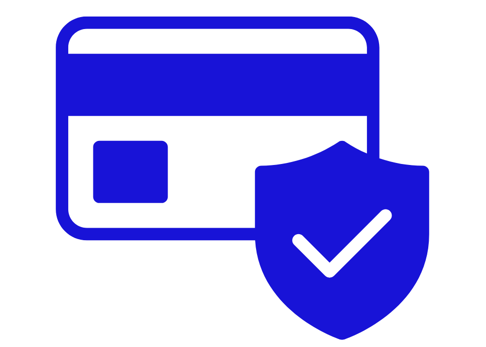 Blue icon of a credit card with a shield and check mark on a white background