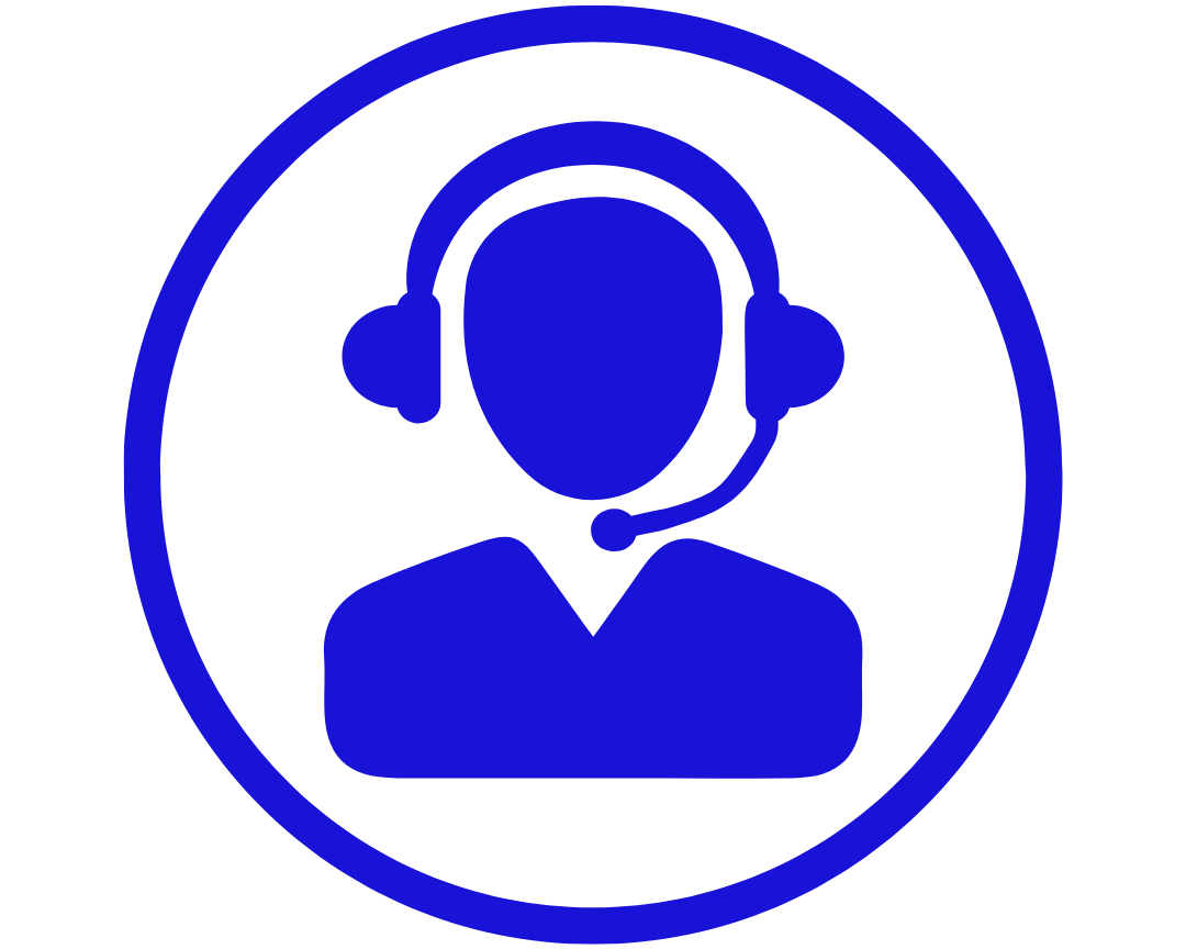 Blue icon of a person wearing a headset inside a circle on a white background